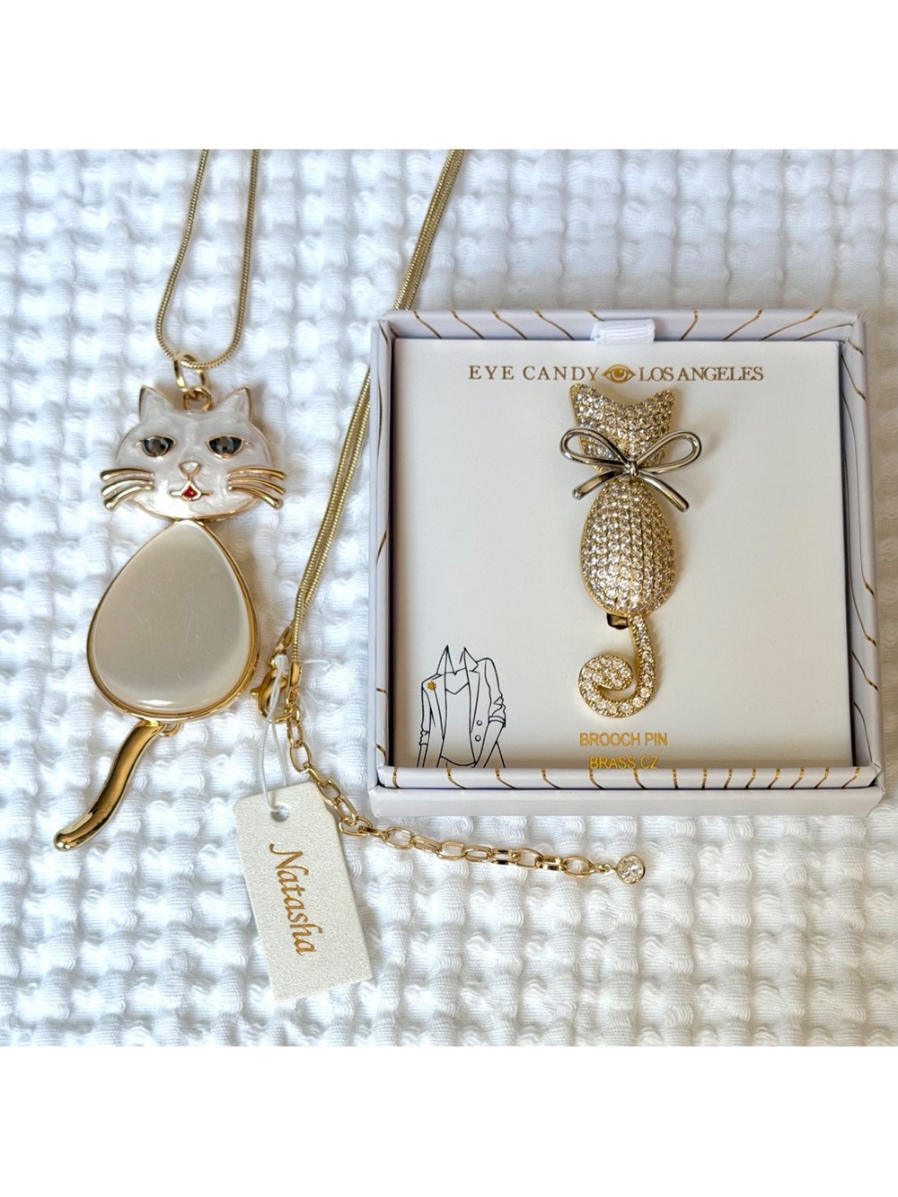 Natasha Cat Necklace Eye Candy LA Cat Brooch Pin Gold Tone Jewelry Gift Set NWT